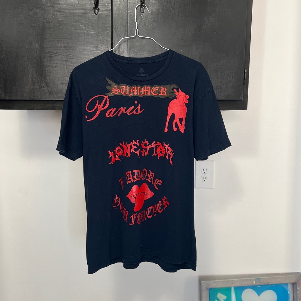 Black Graphic Tee with Red Accents